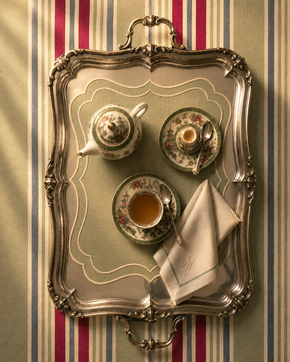 Individual Diana en bandeja · mantel individual rectangular festoneado verde seco Ars Mensae