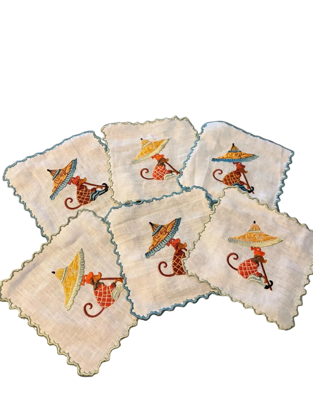 Set de 6 servilletas de cóctel de lino blanco mono con parasol