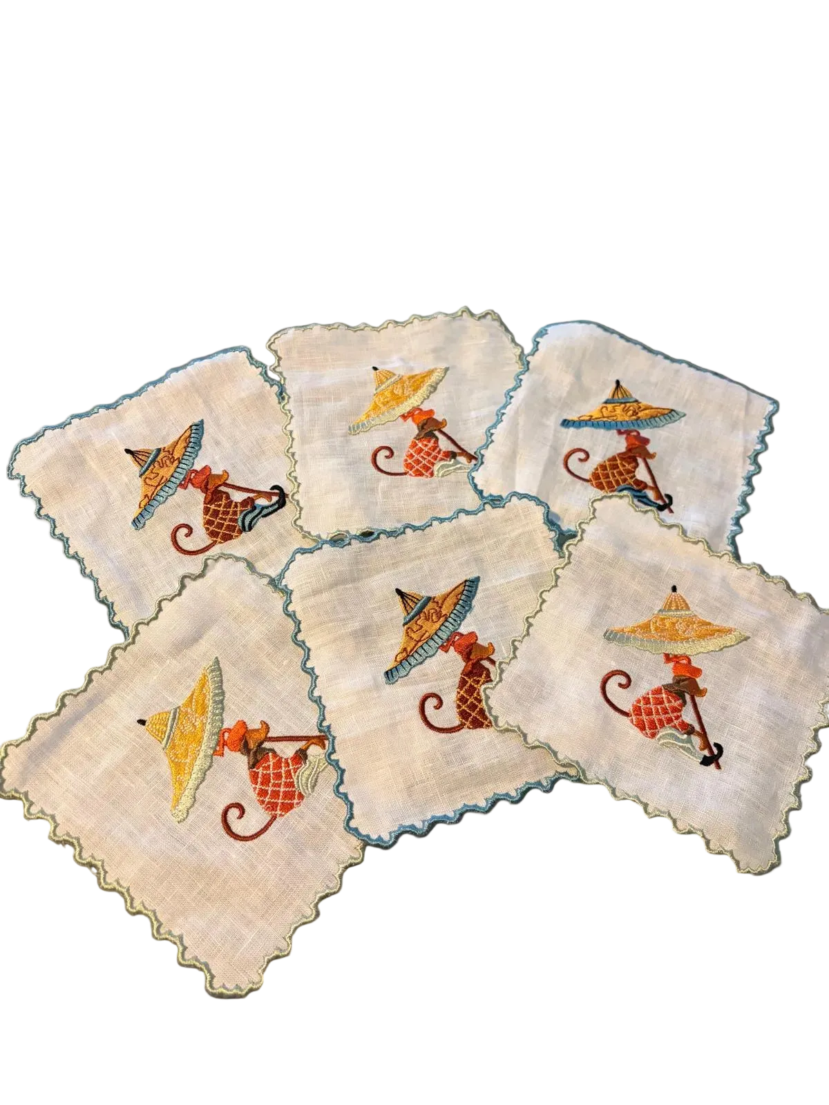 Set de 6 servilletas de cóctel de lino blanco mono con parasol