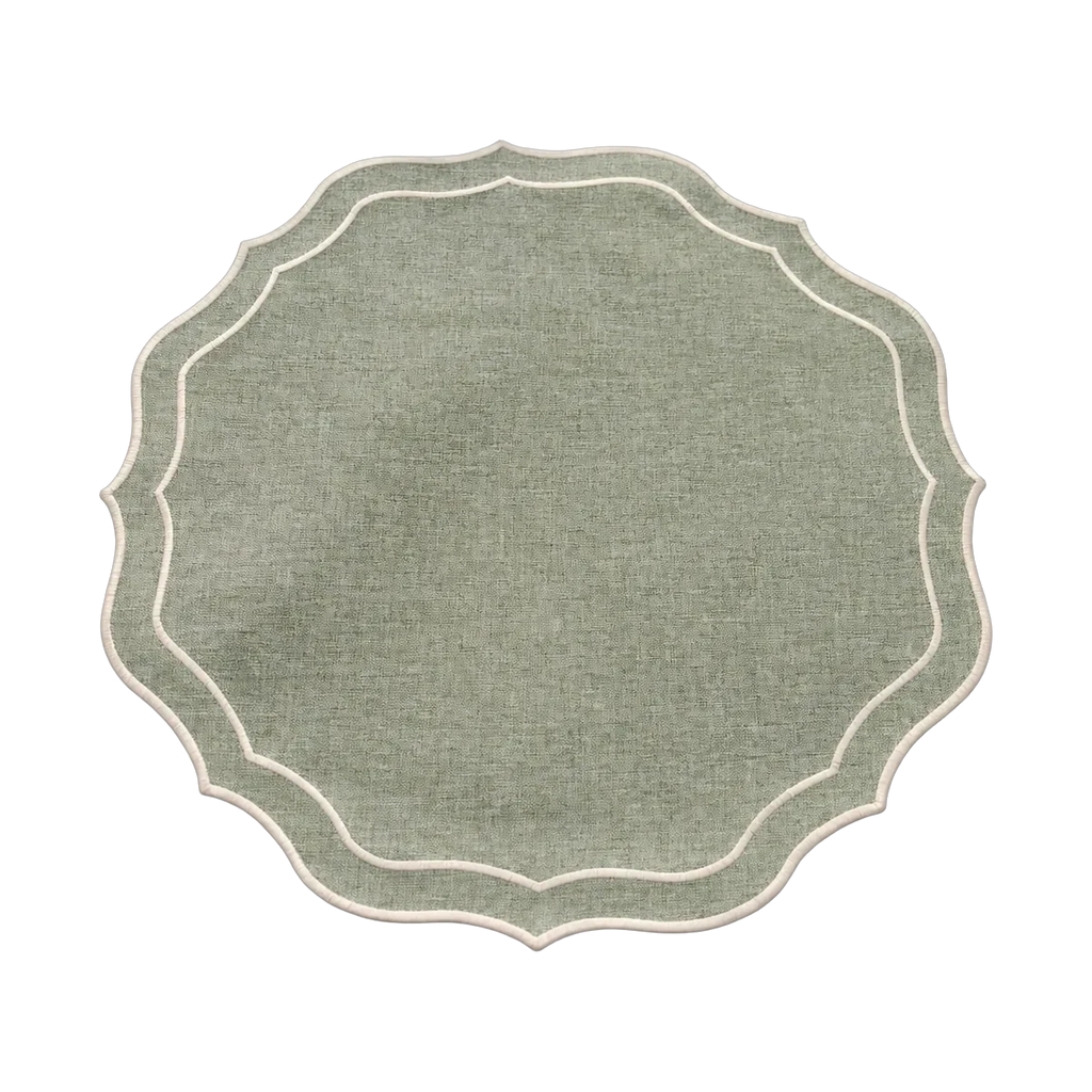 Individual Livia verde seco – mantel individual redondo festoneado lino y poliéster