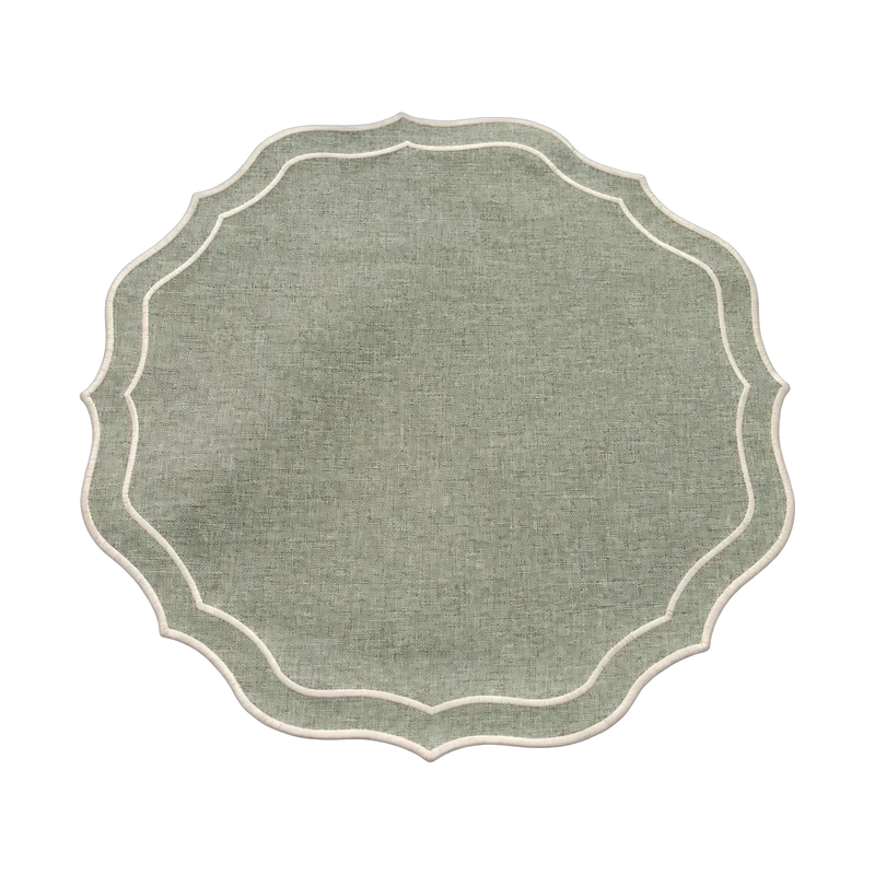 Individual Livia verde seco – mantel individual redondo festoneado lino y poliéster