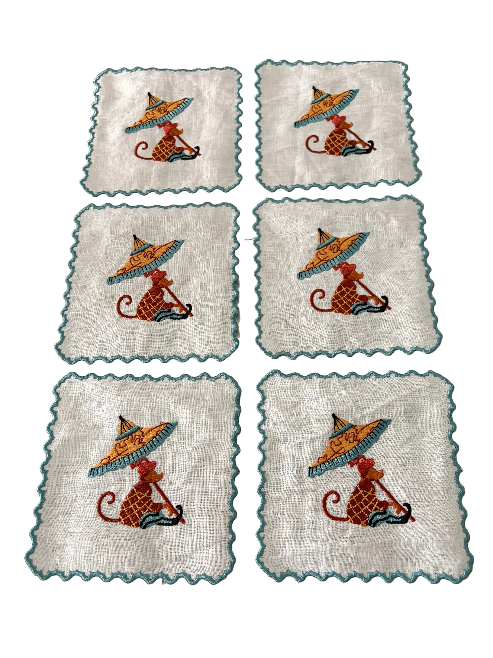 Set 6 servilletas de cóctel azul · lino blanco bordado mono con parasol azul Ars Mensae